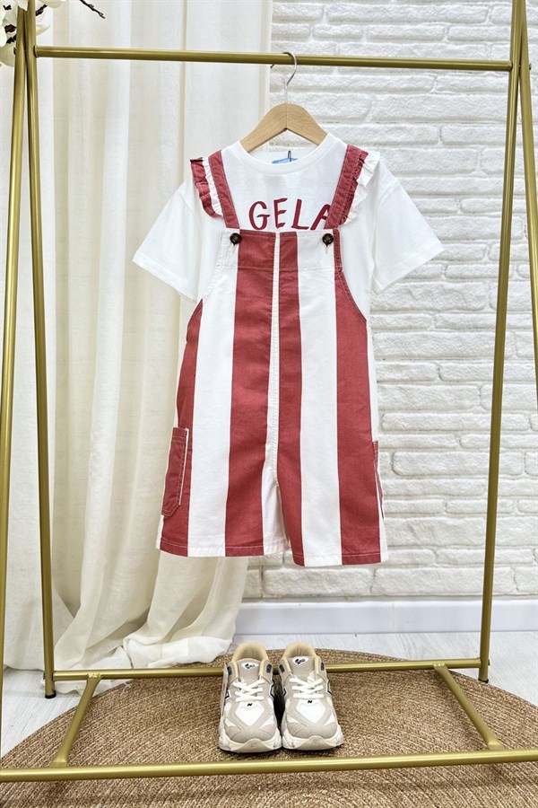 Kız Çocuk Laciel Tshirt Dahil Çizgili Denim Salopet İkili Takım