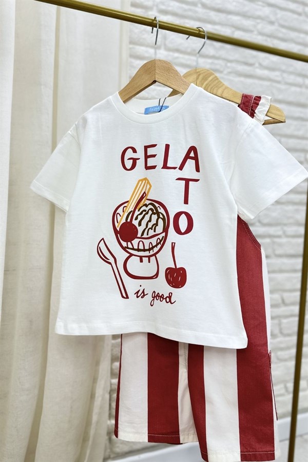 Kız Çocuk Laciel Tshirt Dahil Çizgili Denim Salopet İkili Takım