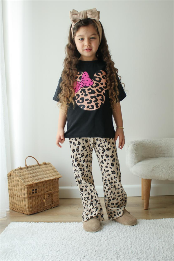 Kız Çocuk Leopar Minnie Taytlı Yaz  Takım 