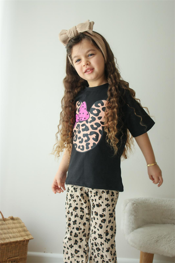 Kız Çocuk Leopar Minnie Taytlı Yaz  Takım 