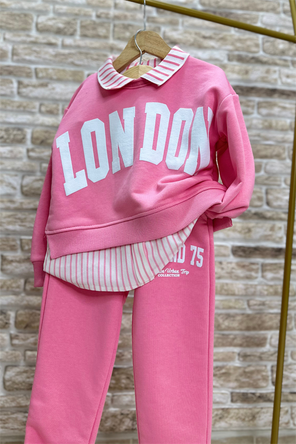 Kız Çocuk London Gömlek Detaylı Pembe Takım
