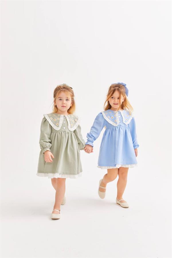 Kız Çocuk Mavi Astarlı Tokalı Elbise