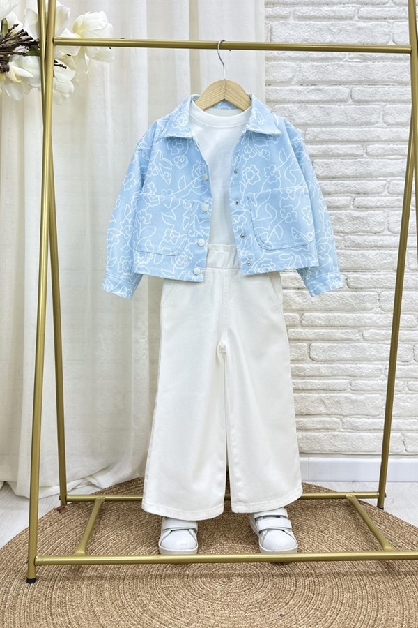 Kız Çocuk Mavi Çiçekli Denim İkili Takım