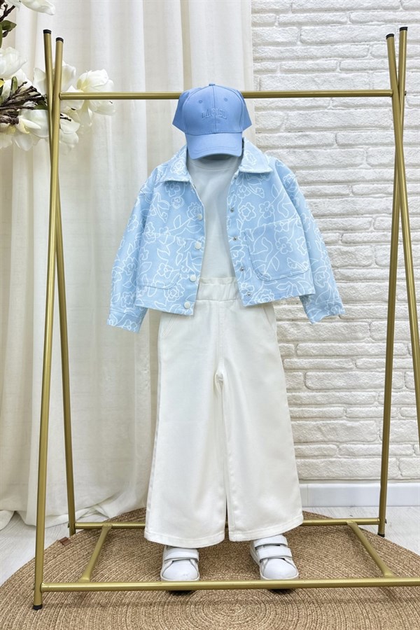 Kız Çocuk Mavi Çiçekli Denim İkili Takım