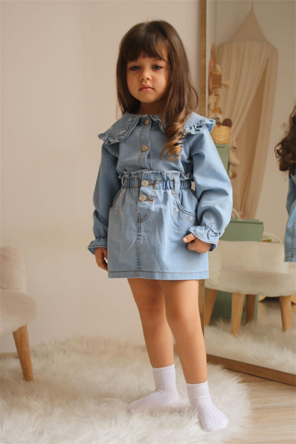 Kız Çocuk Mavi Denim Etekli Takım