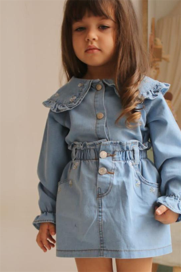 Kız Çocuk Mavi Denim Etekli Takım