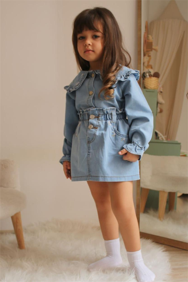 Kız Çocuk Mavi Denim Etekli Takım