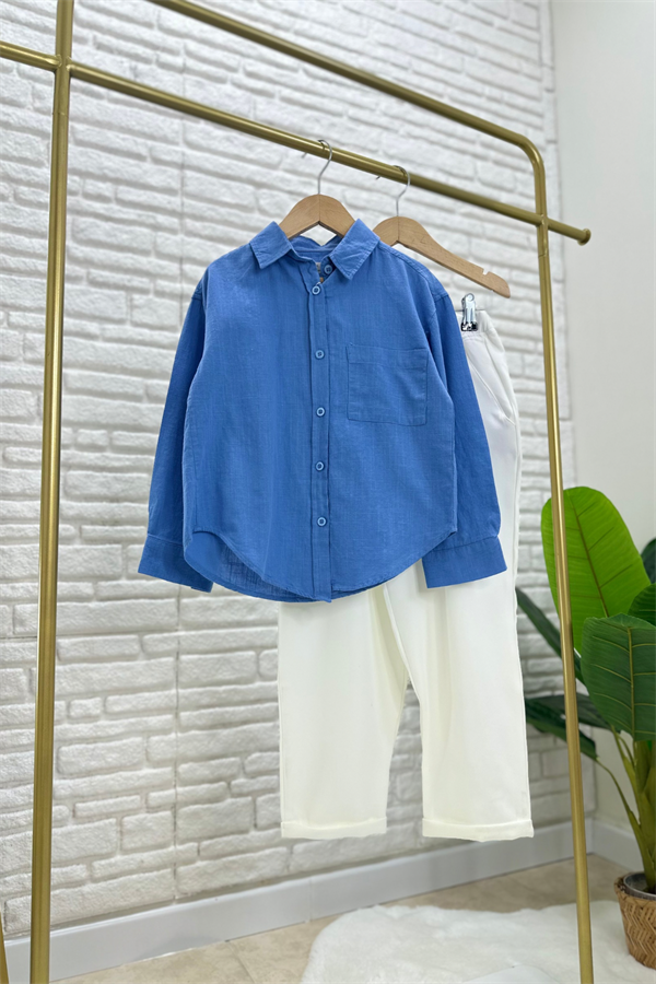 Kız Çocuk Mavi Gömlek Beyaz Pantolon Takım 