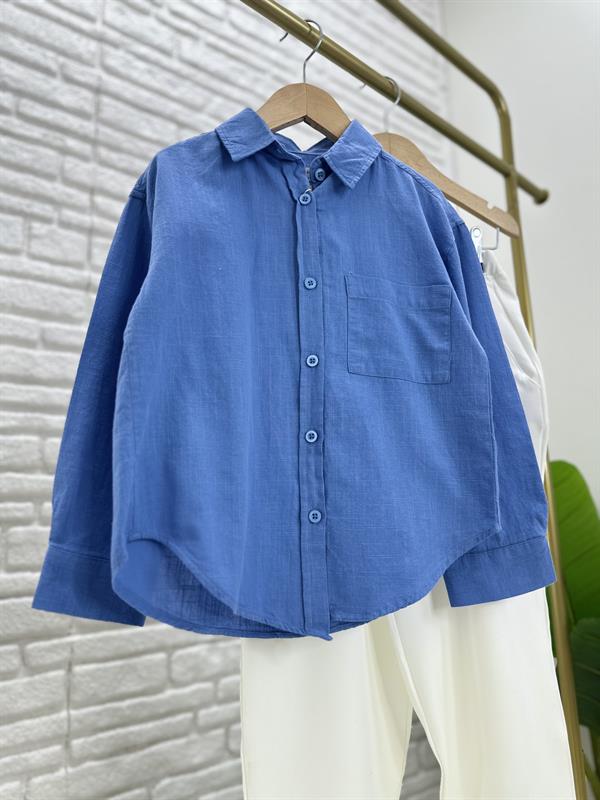 Kız Çocuk Mavi Gömlek Beyaz Pantolon Takım 