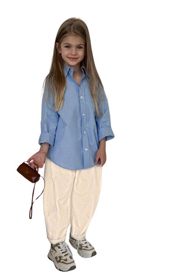 Kız Çocuk Mavi Gömlek Krem Pantolon Takım 
