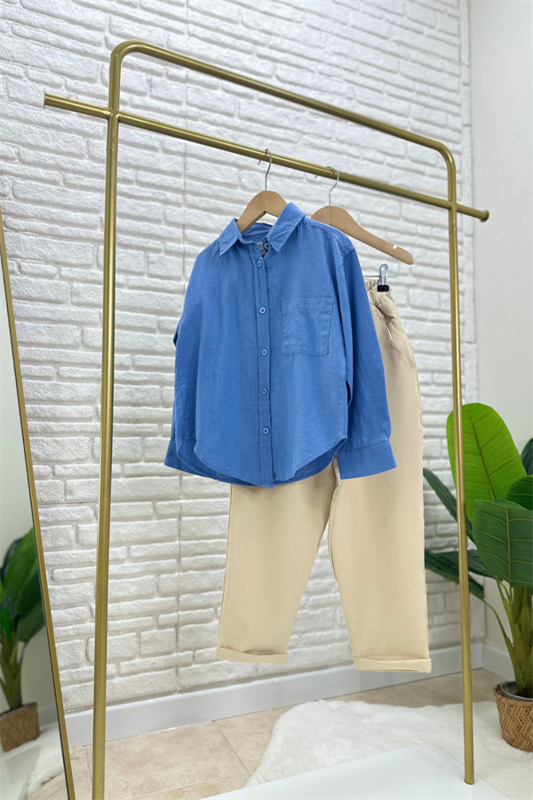 Kız Çocuk Mavi Gömlek Krem Pantolon Takım 