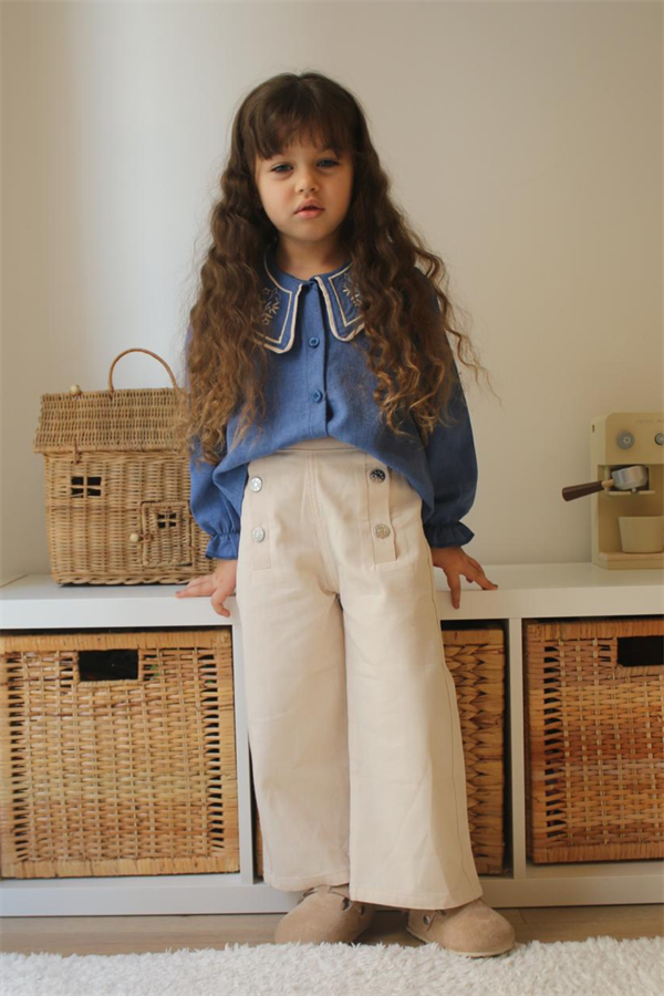 Kız Çocuk Mavi Gömlek Nakışlı İspanyol Takım