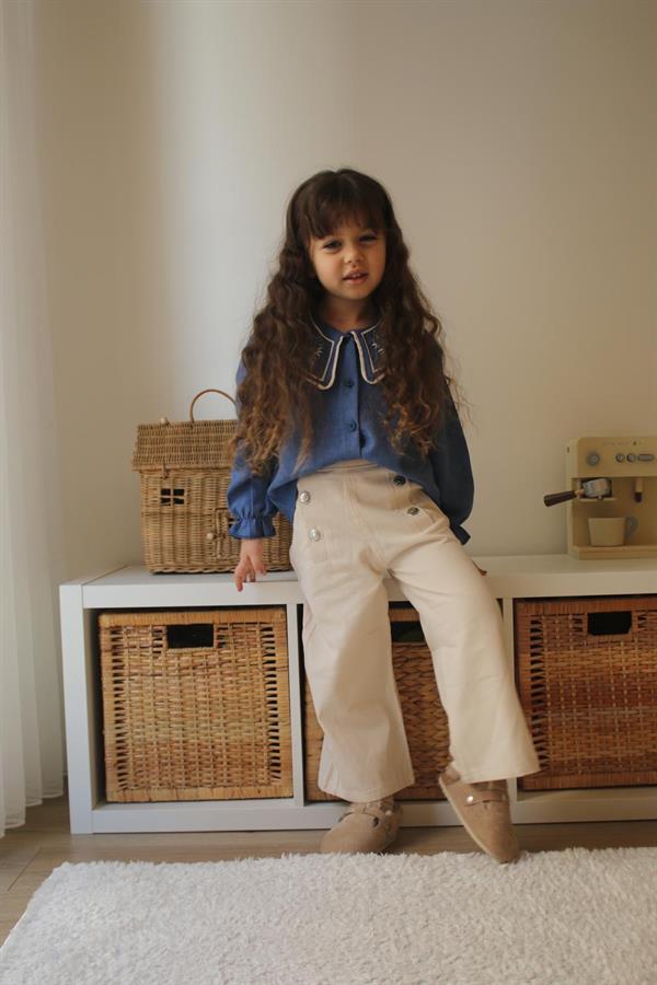 Kız Çocuk Mavi Gömlek Nakışlı İspanyol Takım