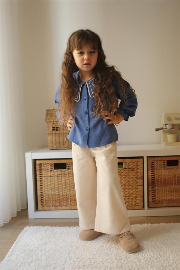 Kız Çocuk Mavi Gömlek Nakışlı İspanyol Takım