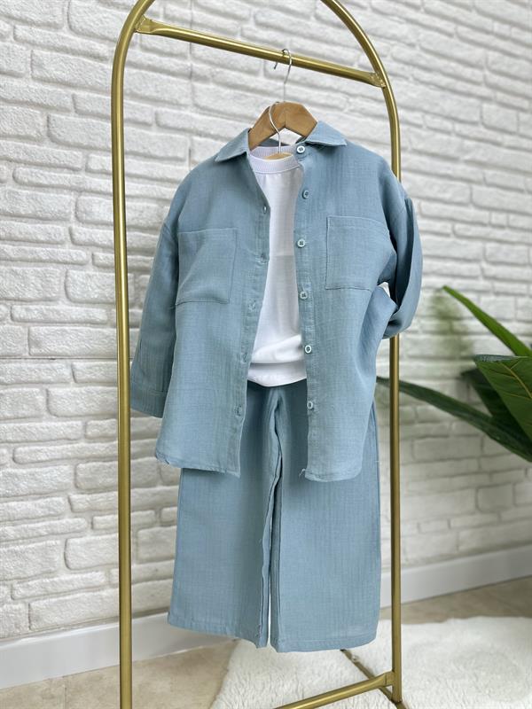 Kız Çocuk Mavi Gömlekli Müslin Takım