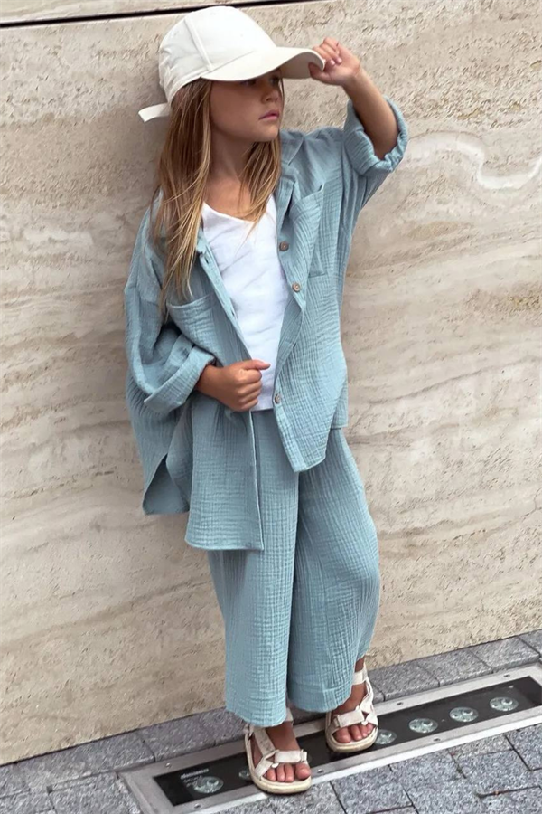 Kız Çocuk Mavi Gömlekli Müslin Takım