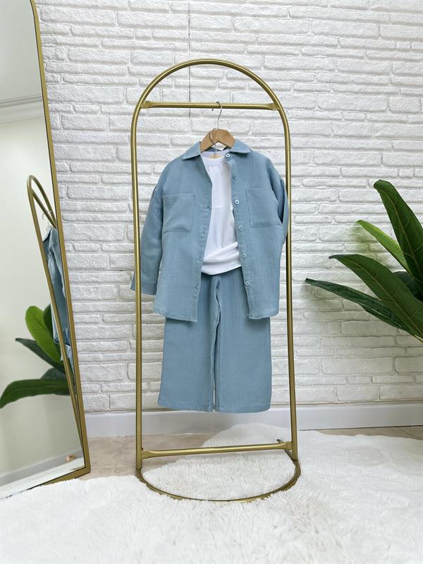 Kız Çocuk Mavi Gömlekli Müslin Takım