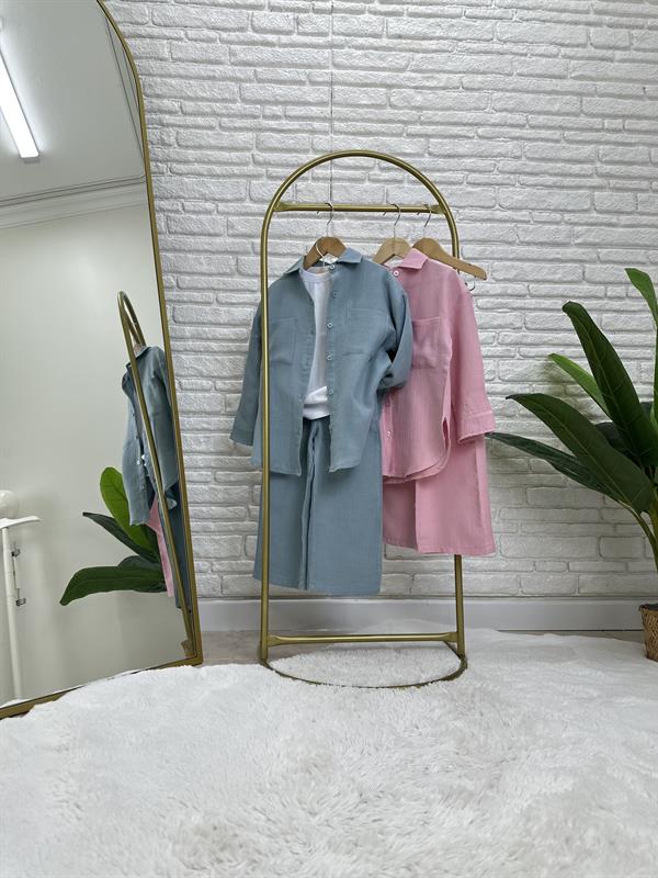 Kız Çocuk Mavi Gömlekli Müslin Takım