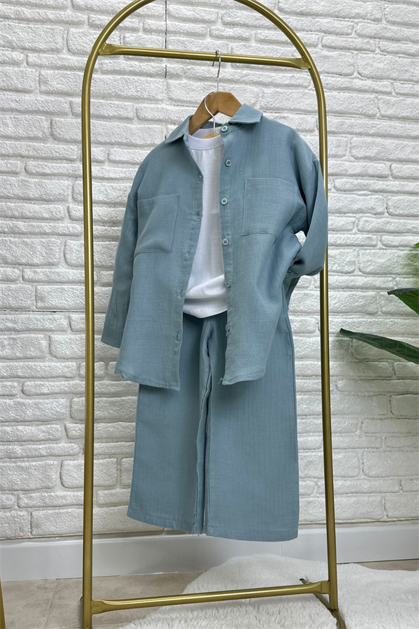 Kız Çocuk Mavi Gömlekli Müslin Takım