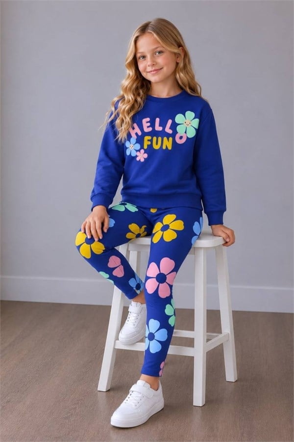 Kız Çocuk Mevsimlik 2 İplik  Çiçekli Hello Fun Taytlı Takım