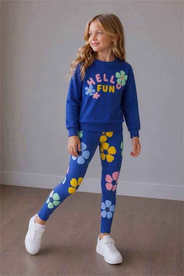 Kız Çocuk Mevsimlik 2 İplik  Çiçekli Hello Fun Taytlı Takım