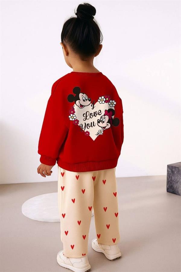 Kız Çocuk Mickey & Minnie Kalpli Kırmızı Takım