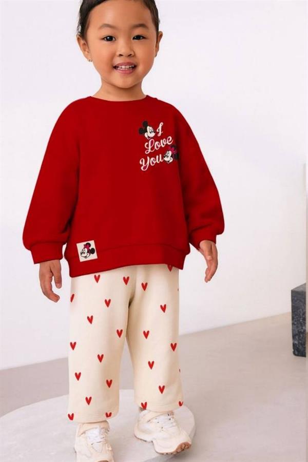 Kız Çocuk Mickey & Minnie Kalpli Kırmızı Takım