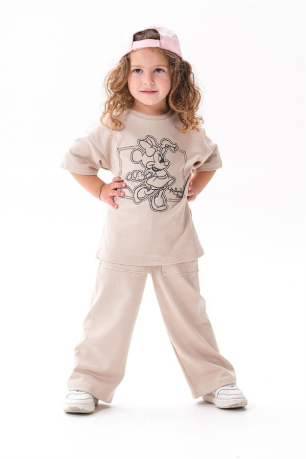 Kız Çocuk 1-12 Yaş Minnie Krem Tshirt Yaz Takım