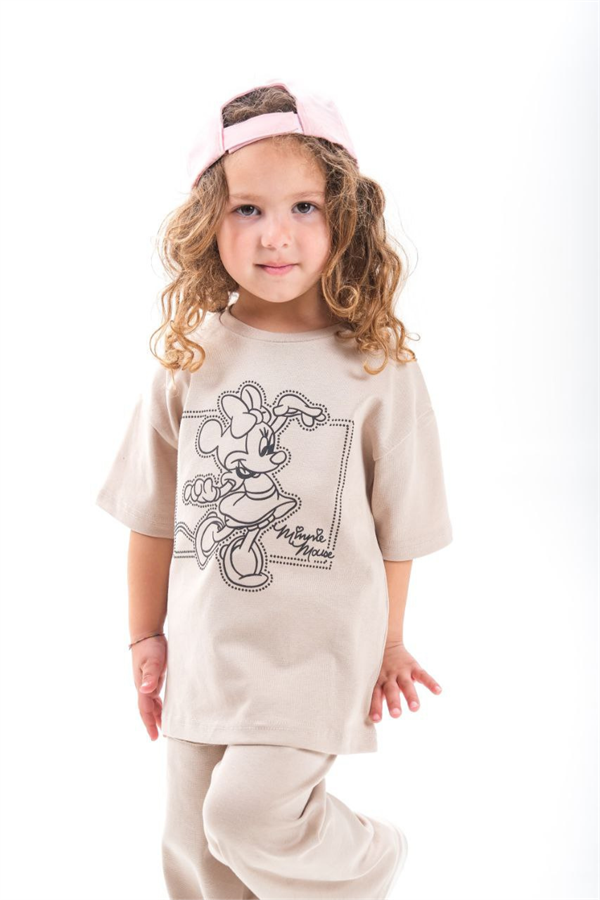 Kız Çocuk 1-12 Yaş Minnie Krem Tshirt Yaz Takım
