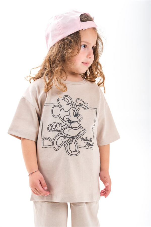Kız Çocuk 1-12 Yaş Minnie Krem Tshirt Yaz Takım