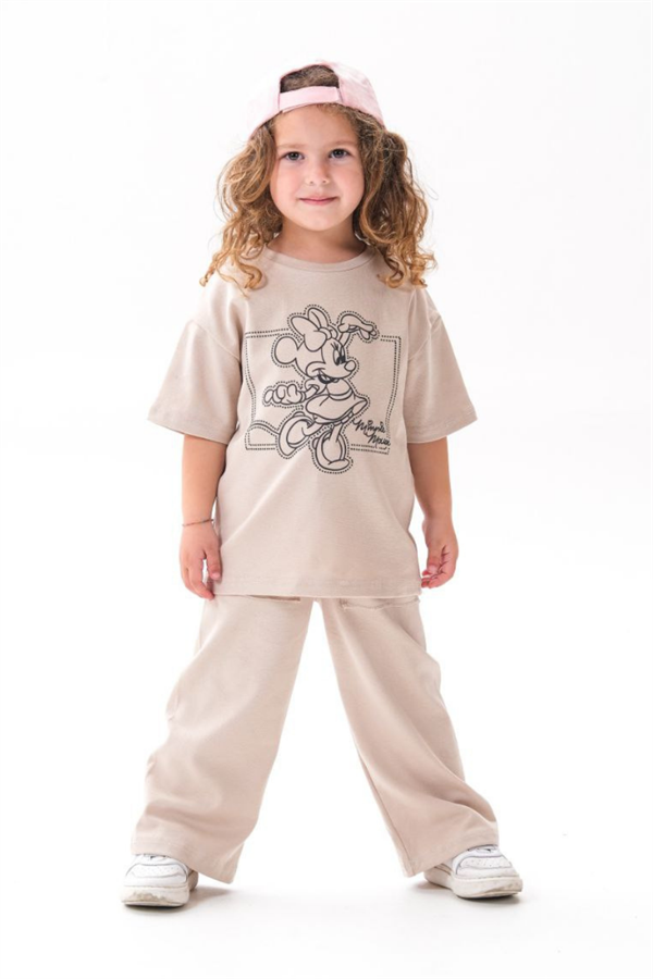 Kız Çocuk 1-12 Yaş Minnie Krem Tshirt Yaz Takım