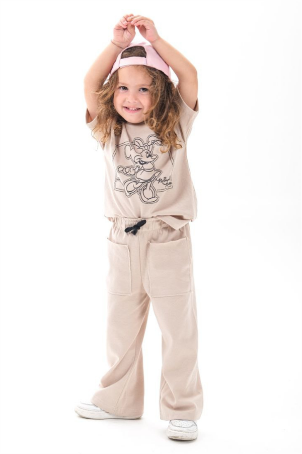 Kız Çocuk 1-12 Yaş Minnie Krem Tshirt Yaz Takım