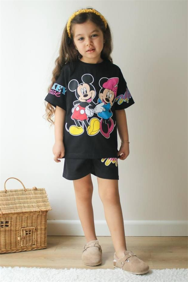 Kız Çocuk Minnie & Mickey Siyah Yaz Şortlu Takım 