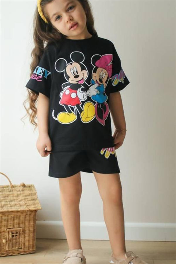 Kız Çocuk Minnie & Mickey Siyah Yaz Şortlu Takım 
