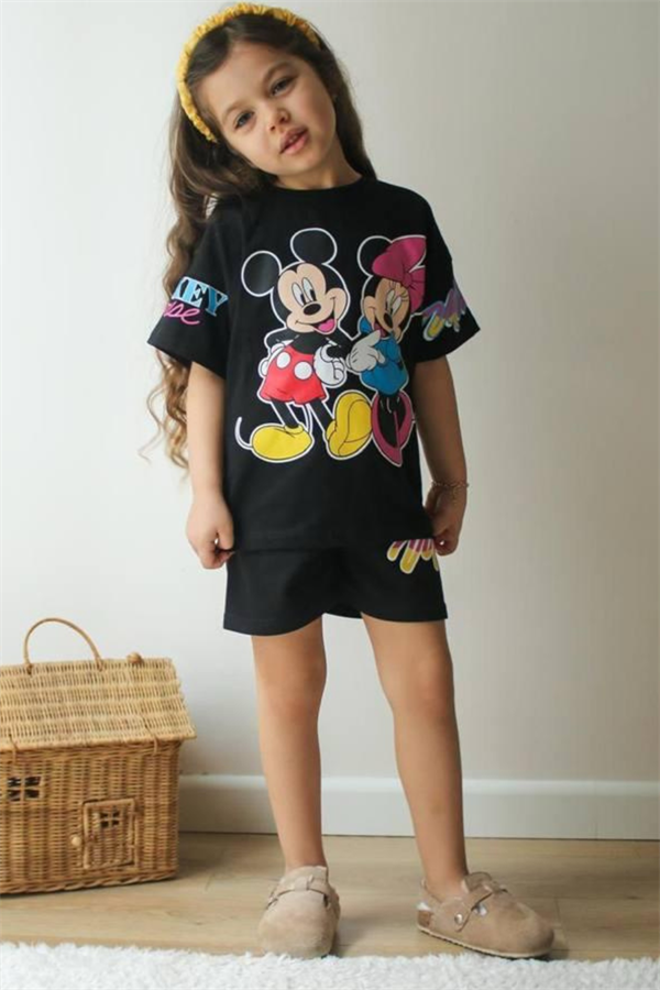 Kız Çocuk Minnie & Mickey Siyah Yaz Şortlu Takım 
