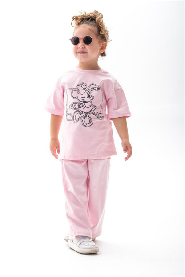 Kız Çocuk 1-12 Yaş Minnie Pembe Tshirt Yaz Takım