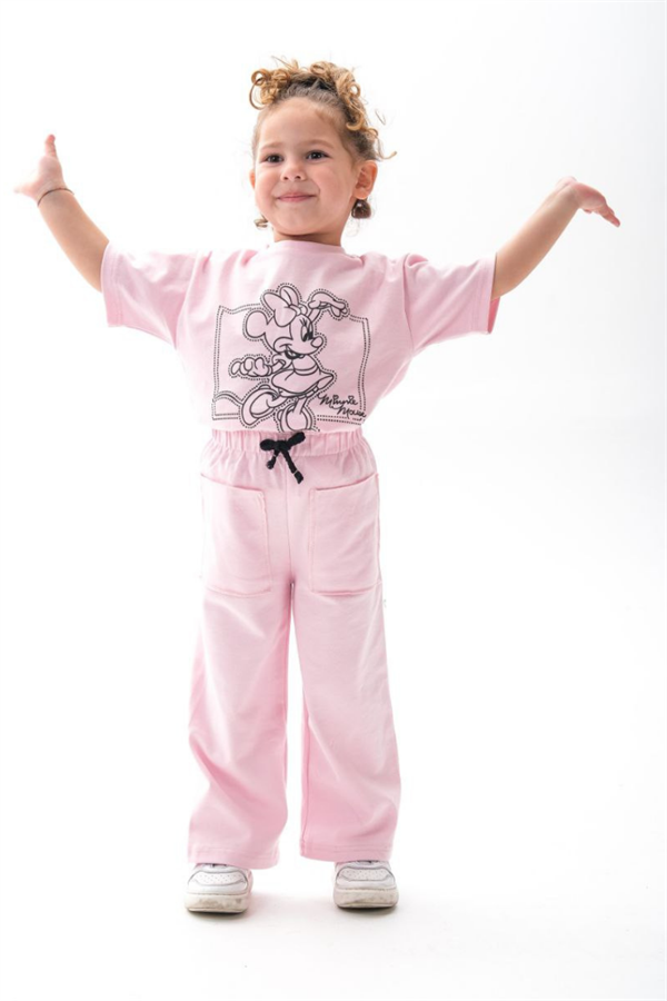 Kız Çocuk 1-12 Yaş Minnie Pembe Tshirt Yaz Takım