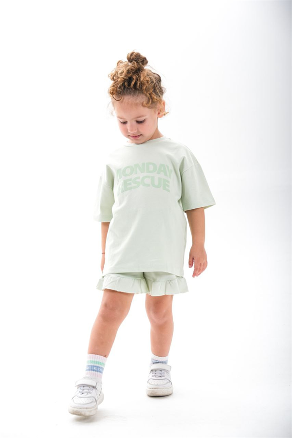 Kız Çocuk 1-12 Yaş Mondey Açık Yeşil Fırfırlı Şortlu Takım