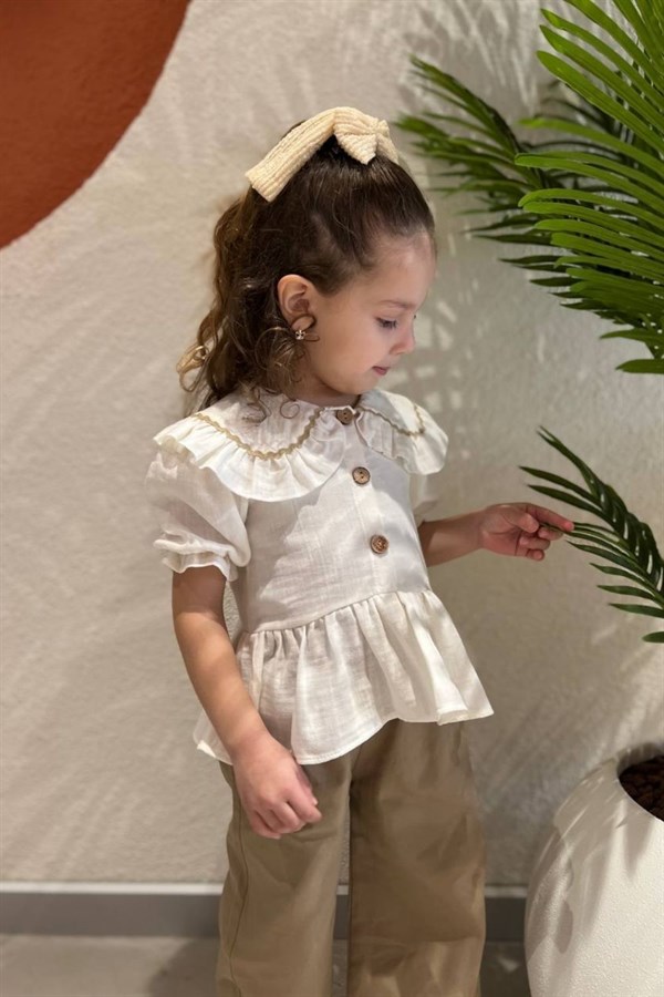 Kız Çocuk Müslin Yakalı Beyaz Taş İkili Takım