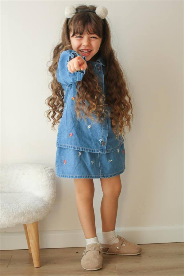Kız Çocuk Nakış Çiçek Detaylı Etekli Denim Takım