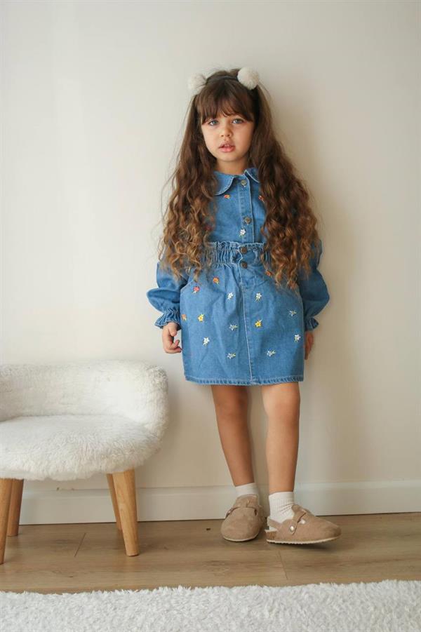 Kız Çocuk Nakış Çiçek Detaylı Etekli Denim Takım