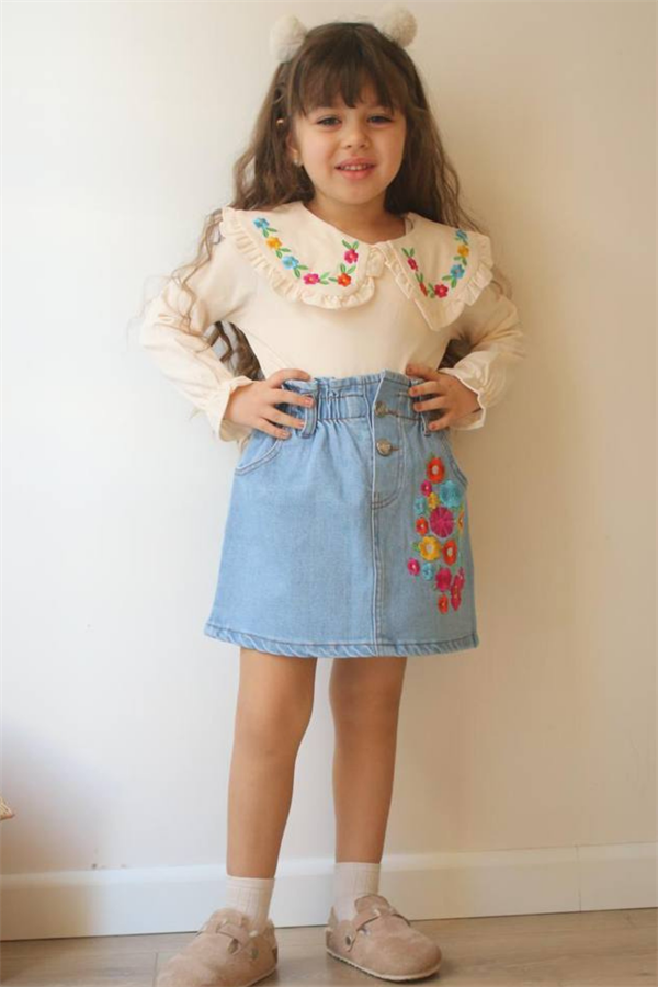 Kız Çocuk Nakışlı Denim Etek Bluz Takım