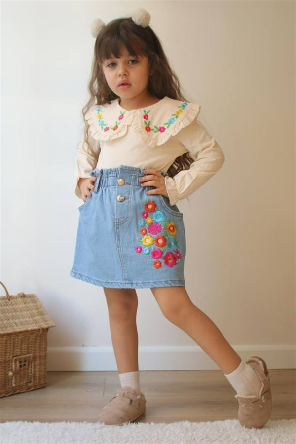 Kız Çocuk Nakışlı Denim Etek Bluz Takım