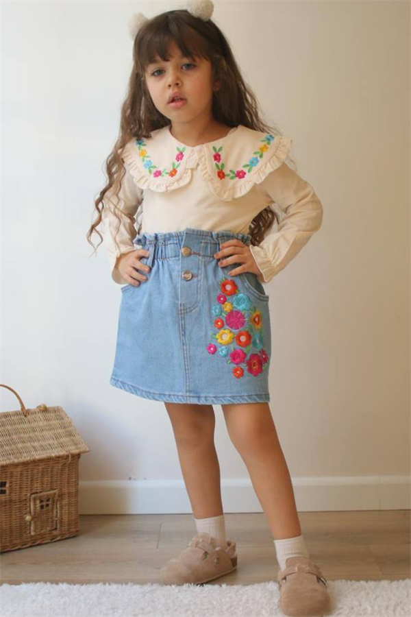 Kız Çocuk Nakışlı Denim Etek Bluz Takım