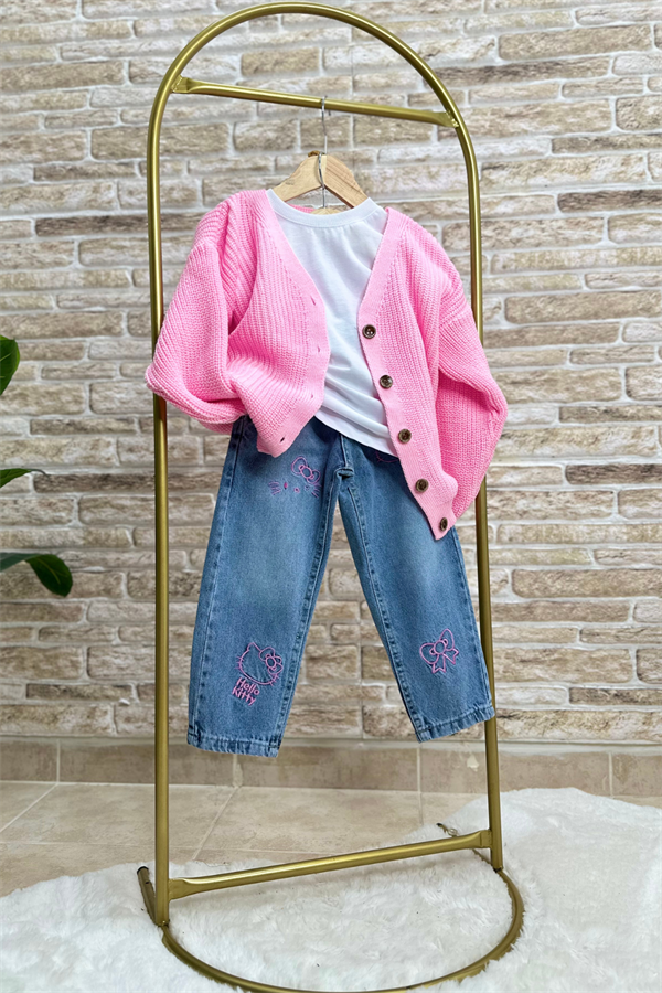 Kız Çocuk Nakışlı Hello Kity Jean Pantolon