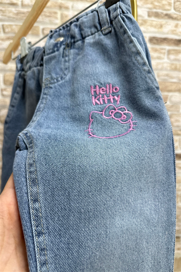 Kız Çocuk Nakışlı Hello Kity Jean Pantolon