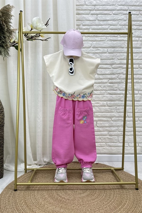 Kız Çocuk Nakışlı Pembe Müslin Pantolon Takım