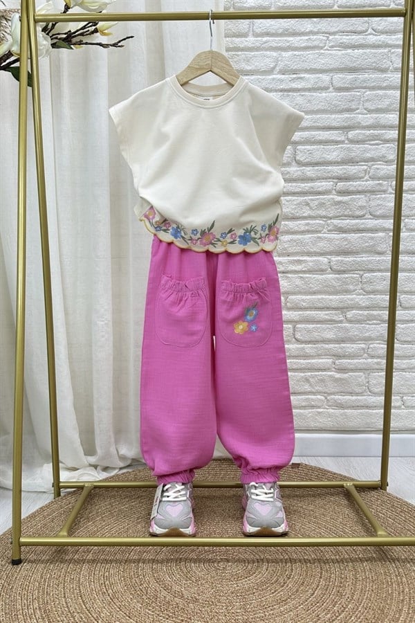 Kız Çocuk Nakışlı Pembe Müslin Pantolon Takım