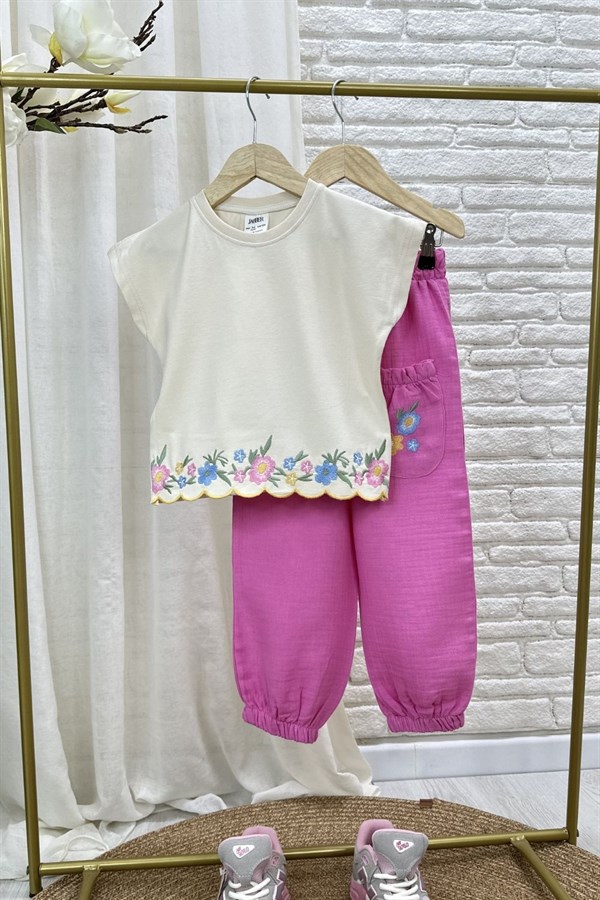 Kız Çocuk Nakışlı Pembe Müslin Pantolon Takım