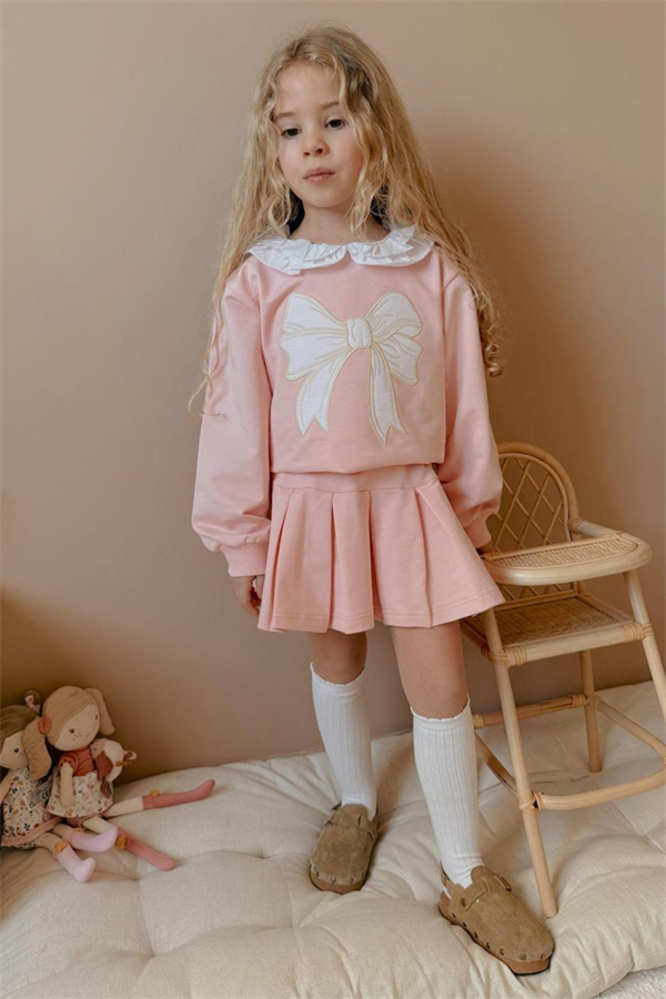 Kız Çocuk Nakışlı Sweat & Etek Pembe Takım